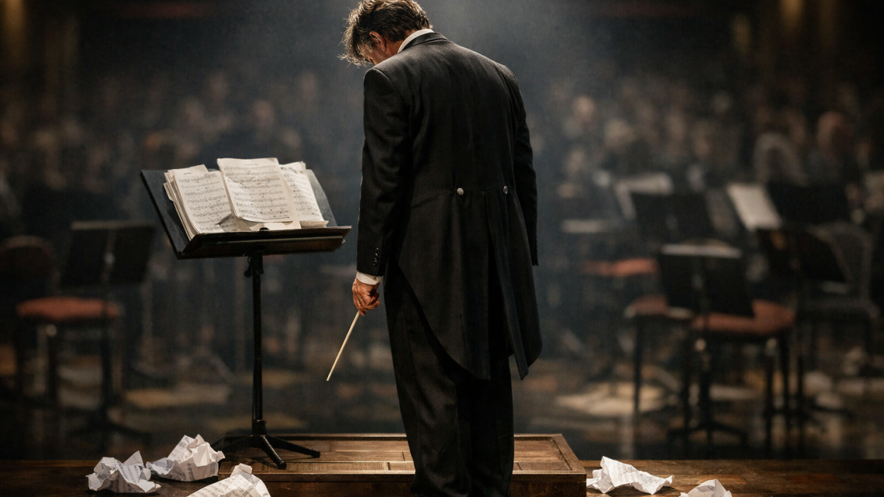 AI-generated image of a conductor looking forlornly at his music stand
