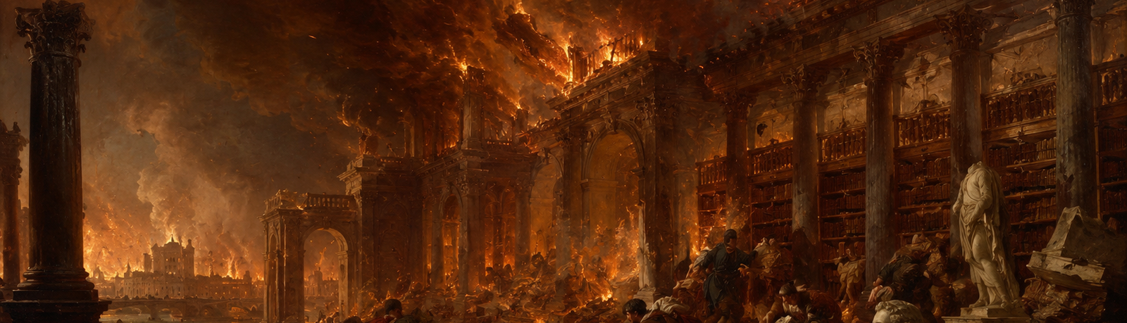 AI-created image of a library burning in the style of 19th century paintings
