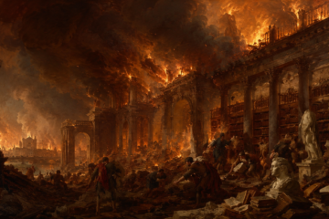 AI-created image of a library burning in the style of 19th century paintings