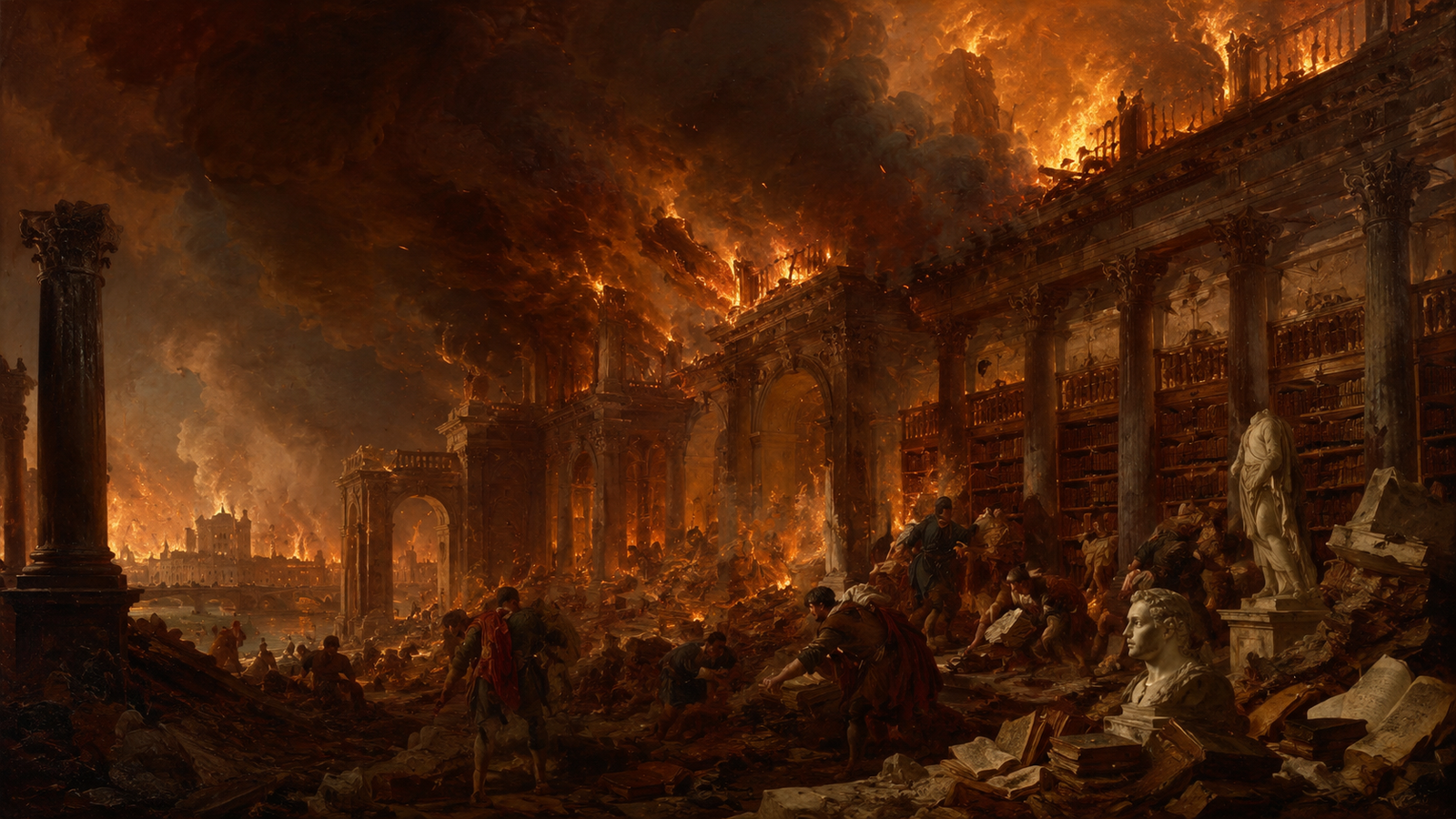 AI-created image of a library burning in the style of 19th century paintings
